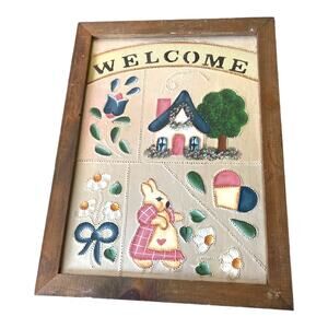 Punch‎ Tin Art Picture Handmade Tin Craft/Painted Bunny House 11.5"x16"